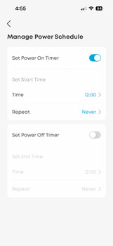Screenshot of a mobile device power schedule settings interface with toggle switches and timer options.
